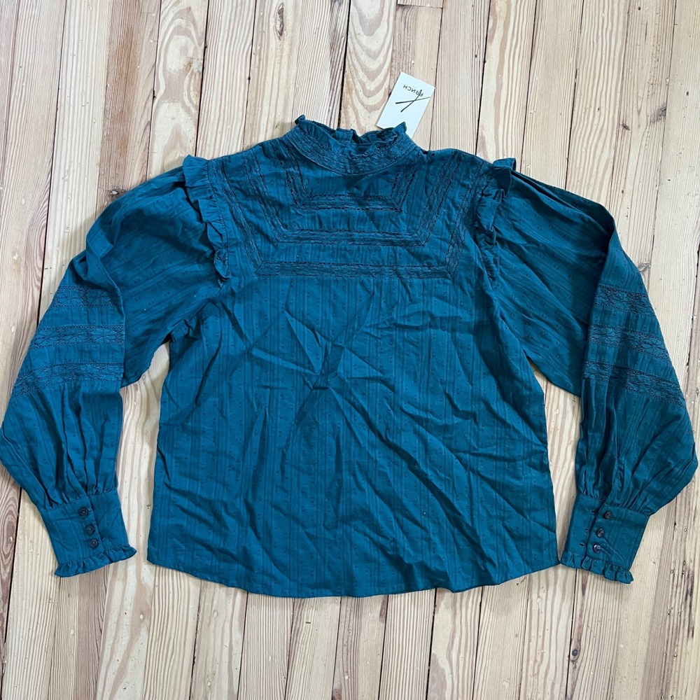 FRNCH Paris Teal Blue Cotton Lace‎ Ruffle High Neck Blouse FF22-06 Small NWT